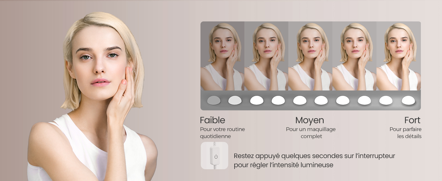 une femme aux cheveux blonds et à la robe blanche apparaît sur un fond gris clair.