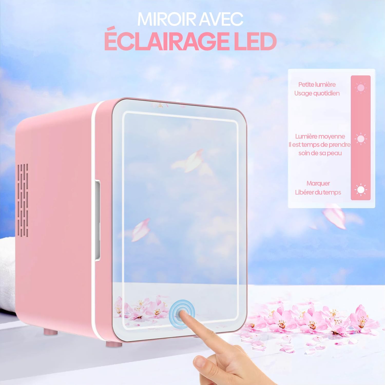 Olvy - Mini Réfrigérateur 4L - miroir LED, portable, rose