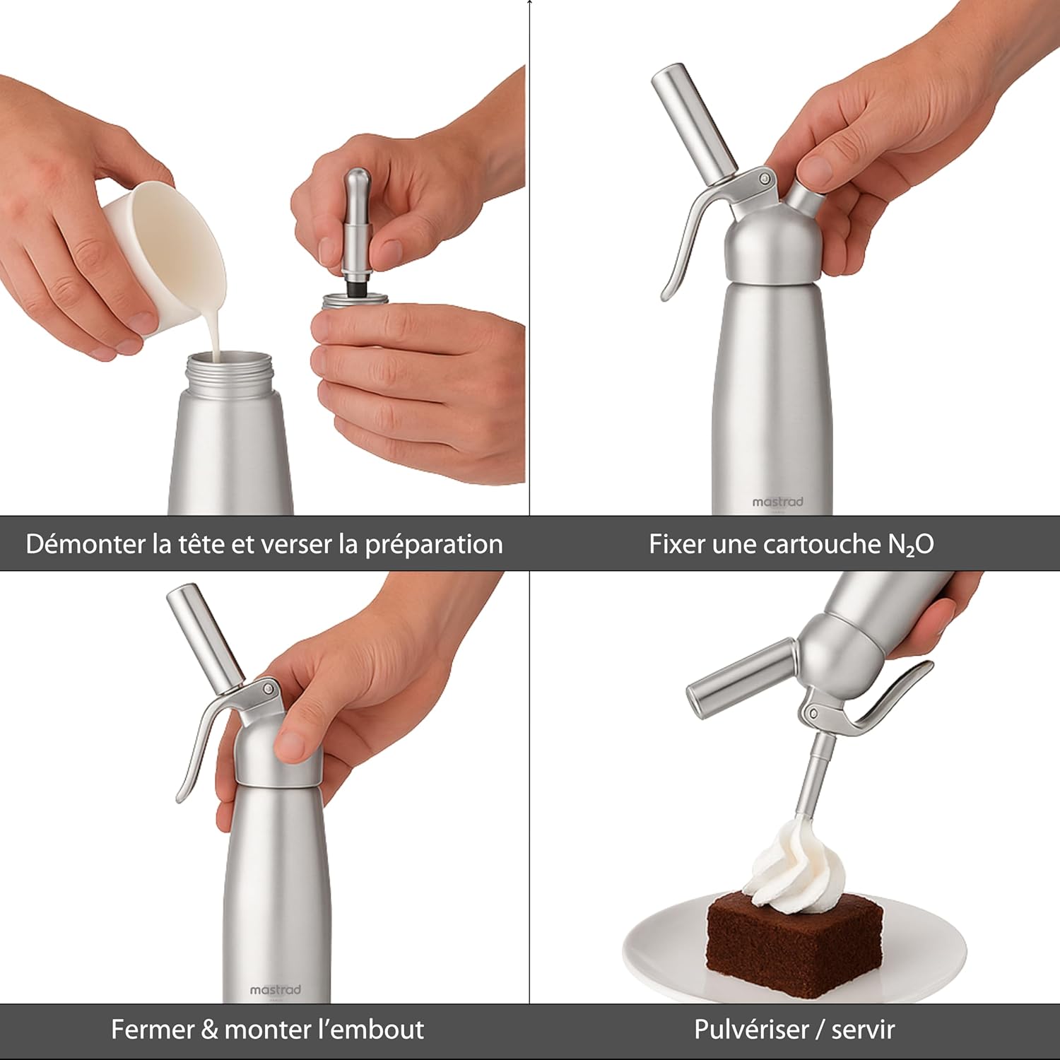 Mastrad - siphon aluminium 0,5L - piston inox, 3 douilles, brosse