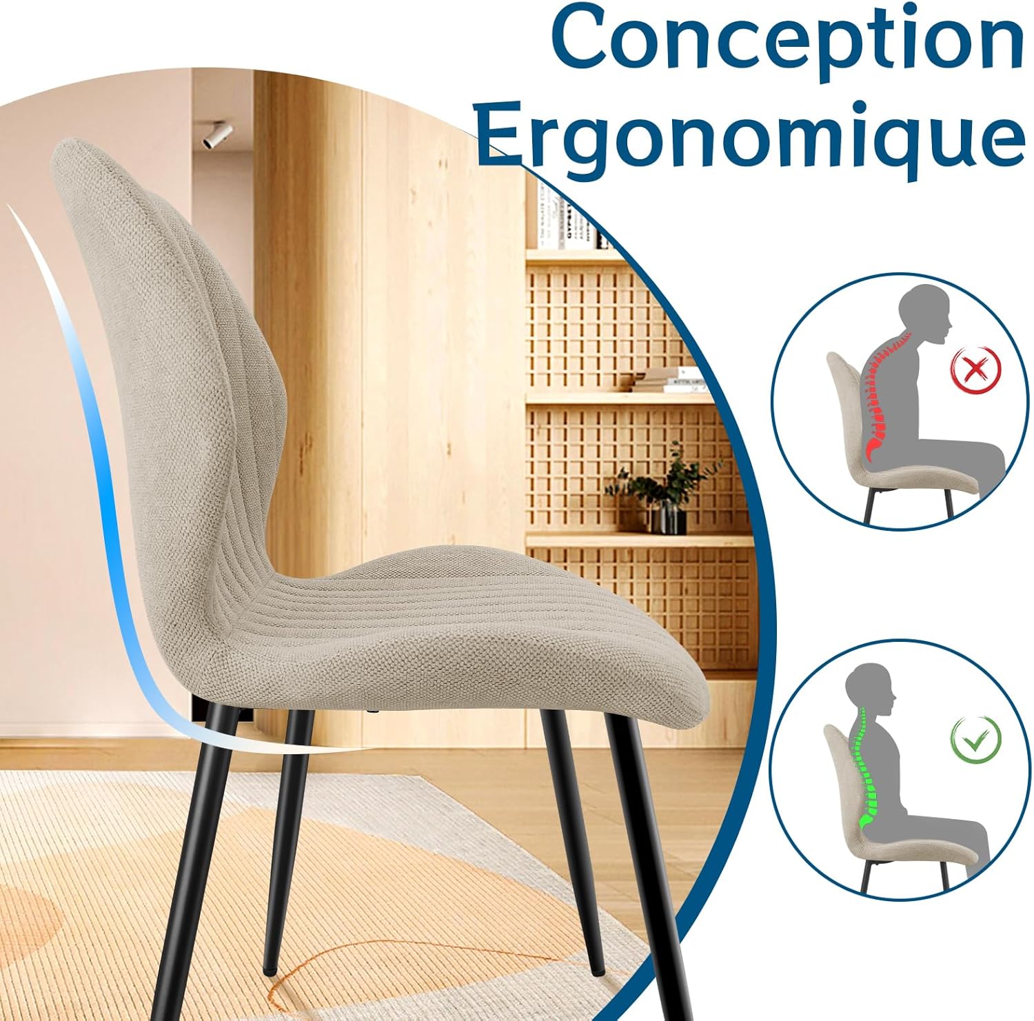 Lot de chaises salle à manger - tapissées tissu gris brun, pieds métal, set de 6, dossier confortable