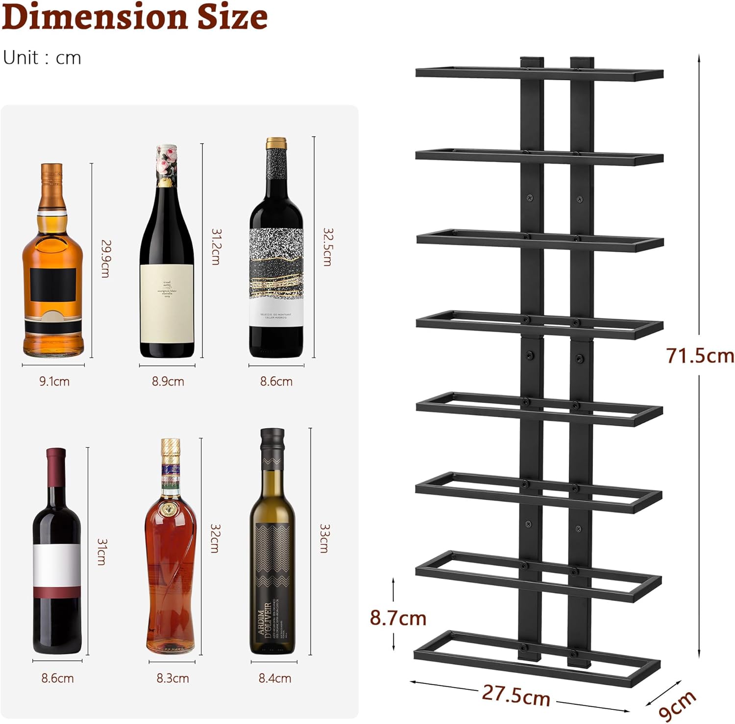 FAVOOSTY - étagères murales 8 niveaux - métal noir, lot de 2, rangement bouteilles