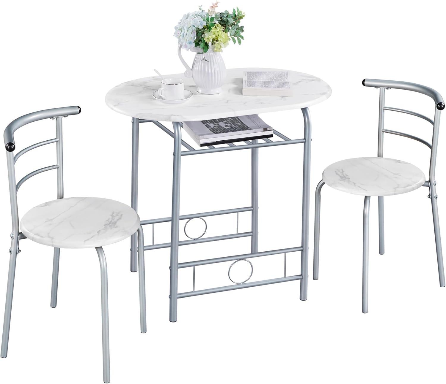 Yaheetech – Ensemble table ronde, 2 chaises, bois MDF, métal, porte-bouteilles, pour petit espace, Studio Blanc