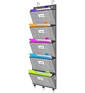 Range-dossiers vertical mural avec cinq poches grises en filet, chacune contenant des dossiers ou des documents colorés en violet, orange, rose, bleu et vert.