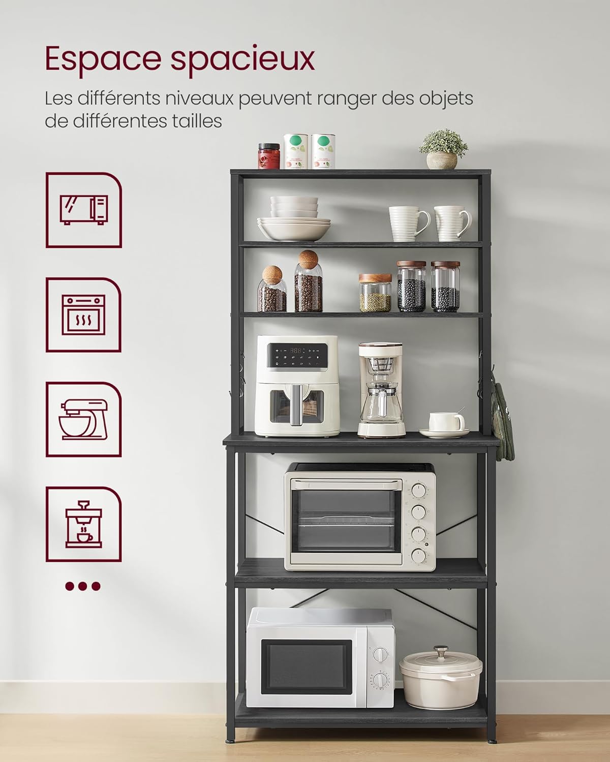 VASAGLE - étagère cuisine industrielle 40x80x167cm 6 niveaux 6 crochets KKS019B22