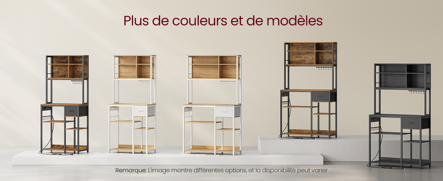 Présentation d'étagères modulaires de différentes couleurs et configurations. Le texte en français indique que plusieurs options de couleurs et de modèles sont disponibles.