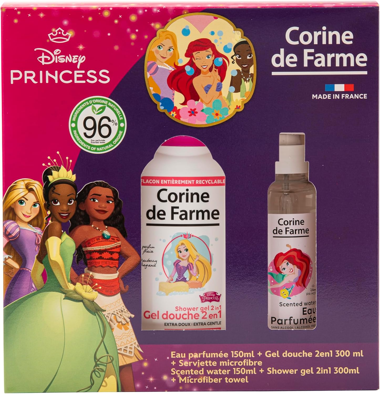 Corine de Farme - Coffret Princesses - 150ml/300ml - Eau parfumée et gel douche enfants, serviette microfibre, naturels