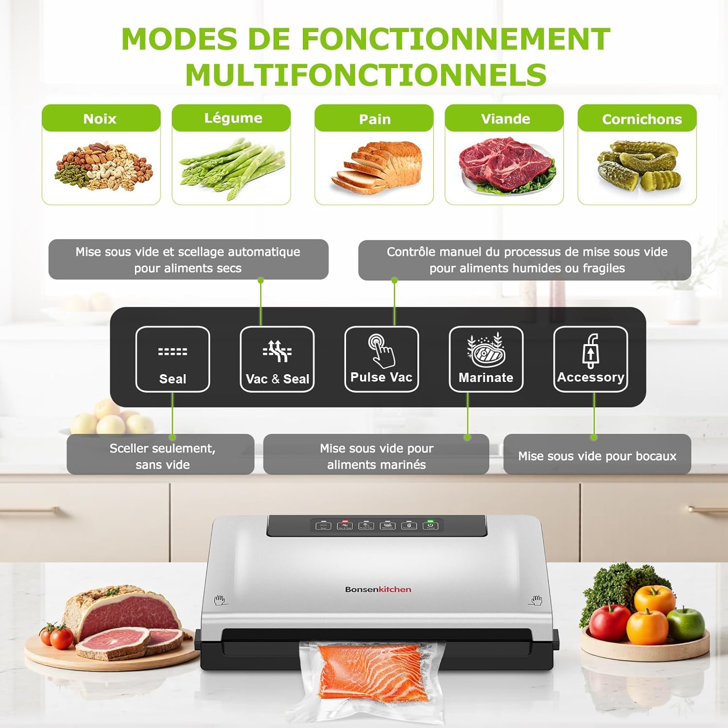 Bonsenkitchen - VS3000 - compacte - 5 modes, cutter, 10 sacs, rouleau