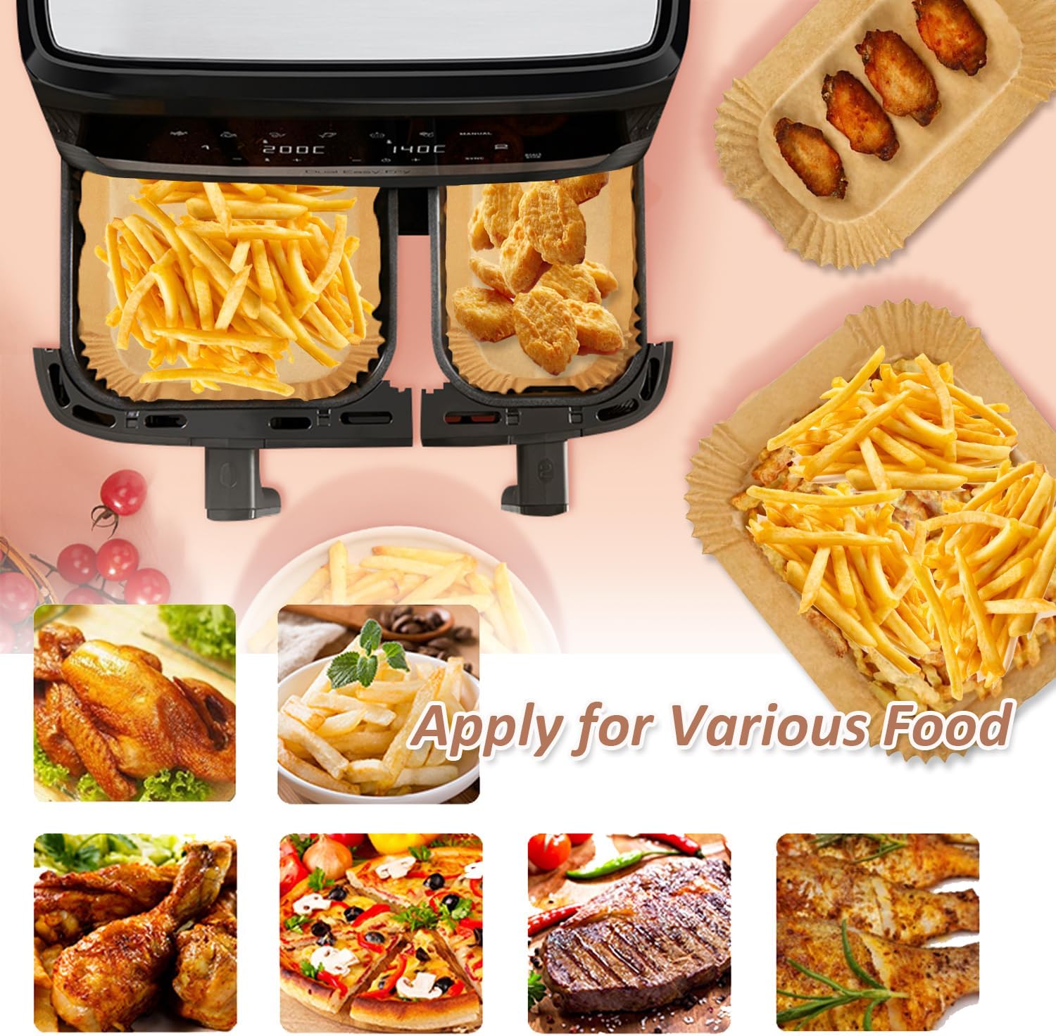 Papier cuisson air fryer - compatible Moulinex, Philips, Lakeland - 5,2/3,1L - lot de 100 feuilles antiadhésives EZ90182