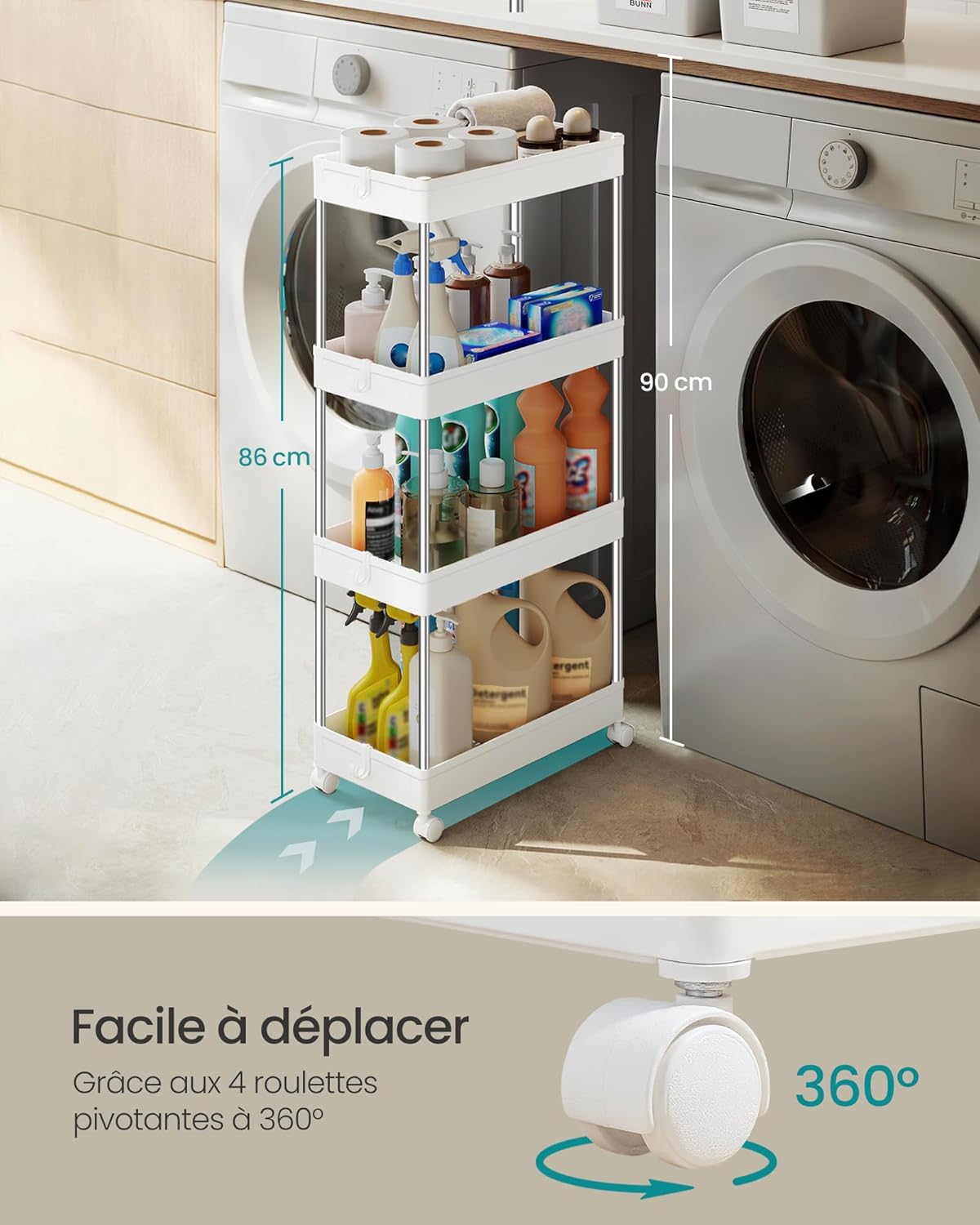 SONGMICS - chariot cuisine 4 niveaux, acier, 23,6x42x86cm, 6 crochets, KSC10WT