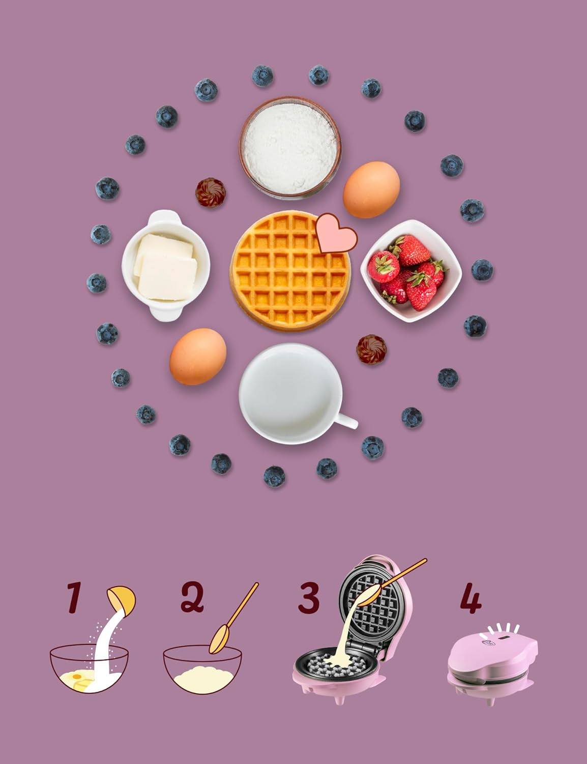 Bestron - mini gaufrier rétro rose mat - compact - revêtement antiadhésif