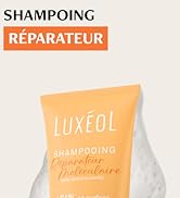 Le texte indique « SHAMPOING », « RÉPARATEUR », « LUXÉOL ». Images de produits montrant des emballages de soins capillaires dans les tons beige et orange.