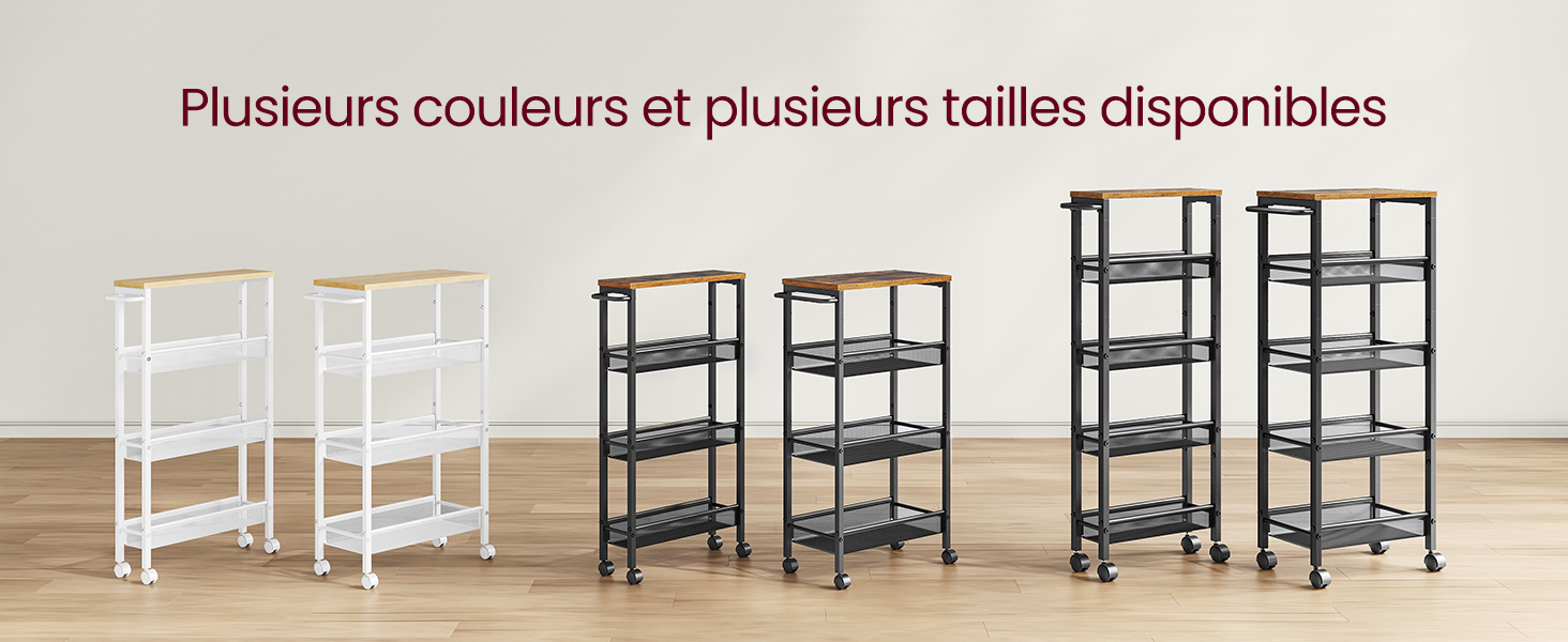 Étagères de rangement à plusieurs niveaux de différentes couleurs et tailles. Unités blanches et foncées avec 3 à 5 niveaux, certaines sur roues. Le texte mentionne plusieurs couleurs et tailles disponibles.