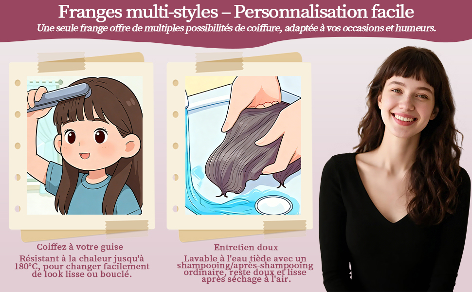 Le texte indique « Franges multi-styles - Personnalisation facile ». Illustrations pédagogiques montrant les étapes de la coiffure avec des démonstrations de personnages de dessins animés.