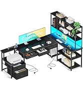 Coleshome Bureau d'angle avec 5 Tiroirs et 4 Étagères, 200×110×154.2 cm Bureau Gaming avec LED, P...