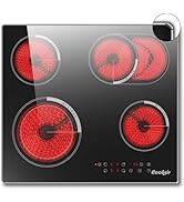 avec plusieurs zones de chauffage éclairées en rouge. Comprend des éléments circulaires de différentes tailles et des commandes tactiles le long du bord inférieur