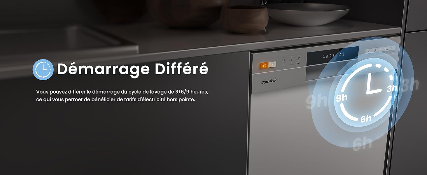 Le texte indique « Démarrage Différé ». Interface de voiture ou panneau d'affichage affichant une icône d'horloge avec effet d'éclairage bleu.