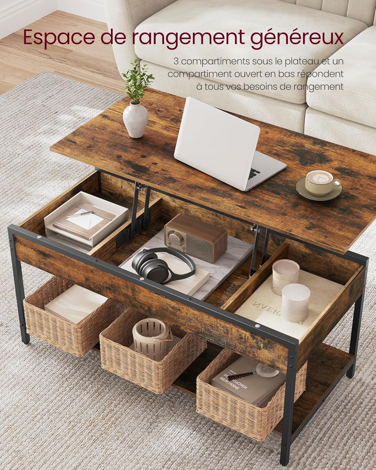 VASAGLE - Table basse relevable, 100x50cm, rangements, LCT261KD02