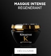 Le texte indique « MASQUE INTENSE », « RÉGÉNÉRANT », « KÉRASTASE », « DÉCOUVRER ». Produit de soin capillaire de luxe présenté dans un emballage noir et doré avec les détails du produit.
