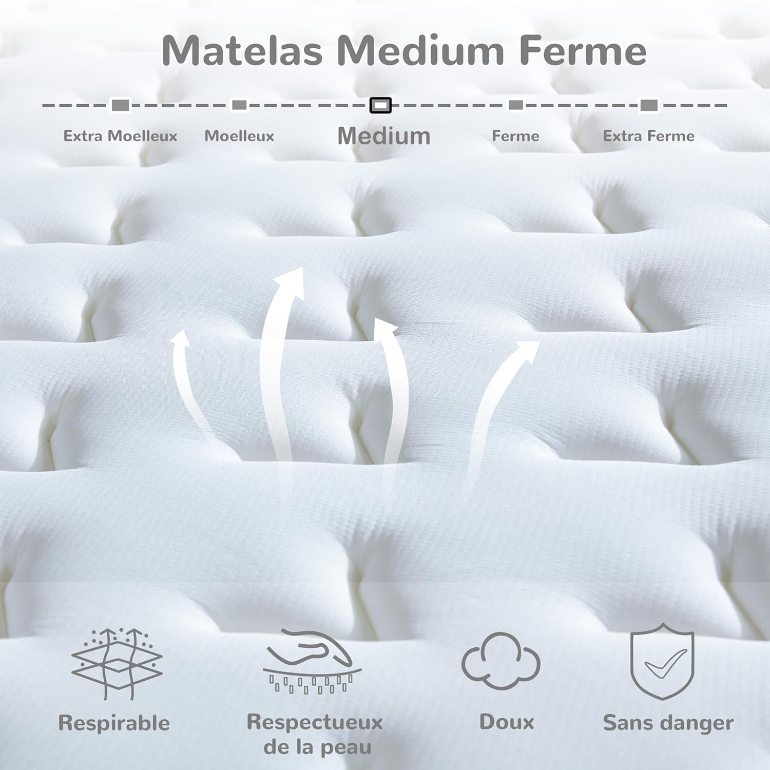Matelas hybride 180x200cm - ressorts ensachés, mémoire de forme, mi-ferme