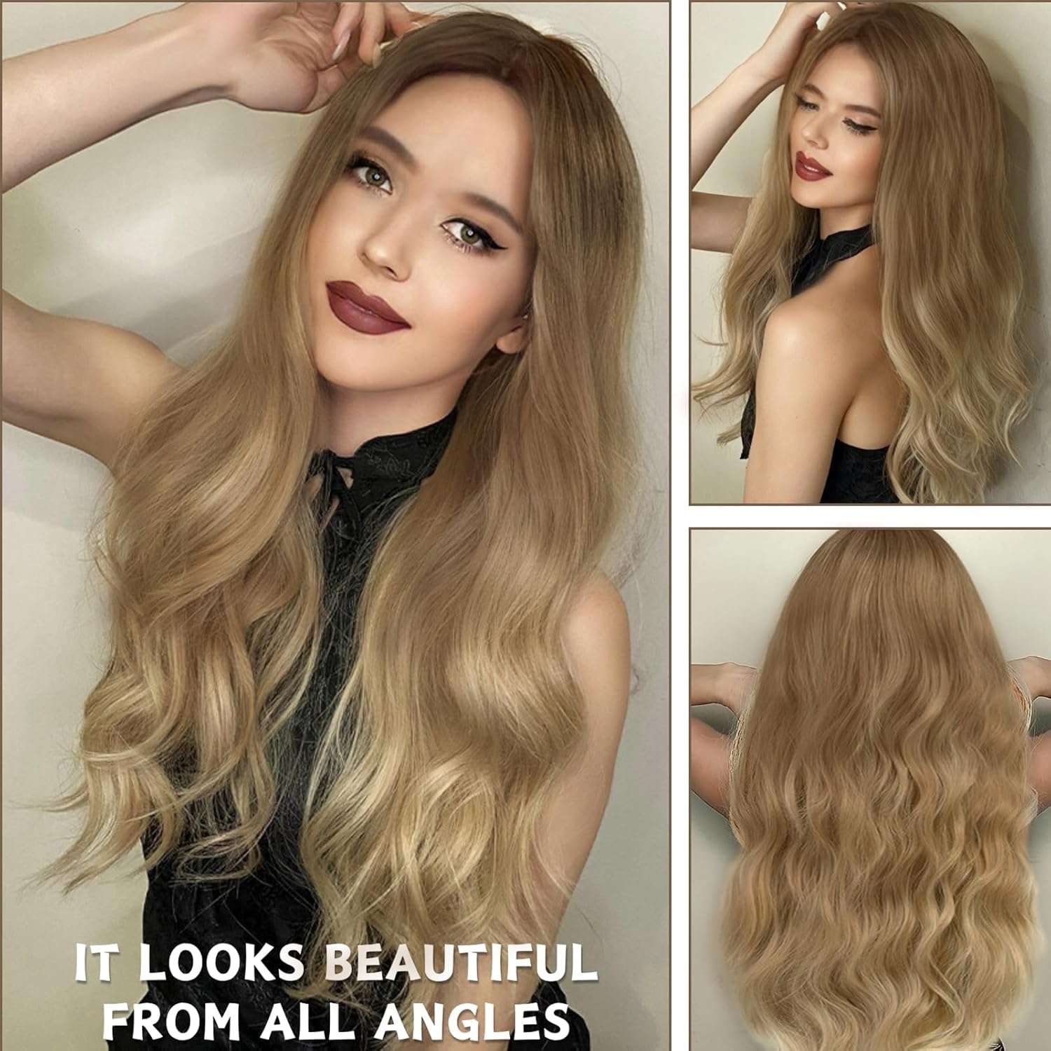 Perruque longue ondulée femme 68cm, synthétique, centre, blonde