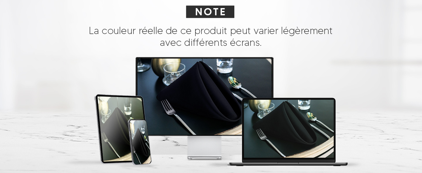 Plusieurs appareils électroniques, y compris des smartphones et des tablettes, affichant une interface sombre, avec un texte en français indiquant les variations de couleur du produit.