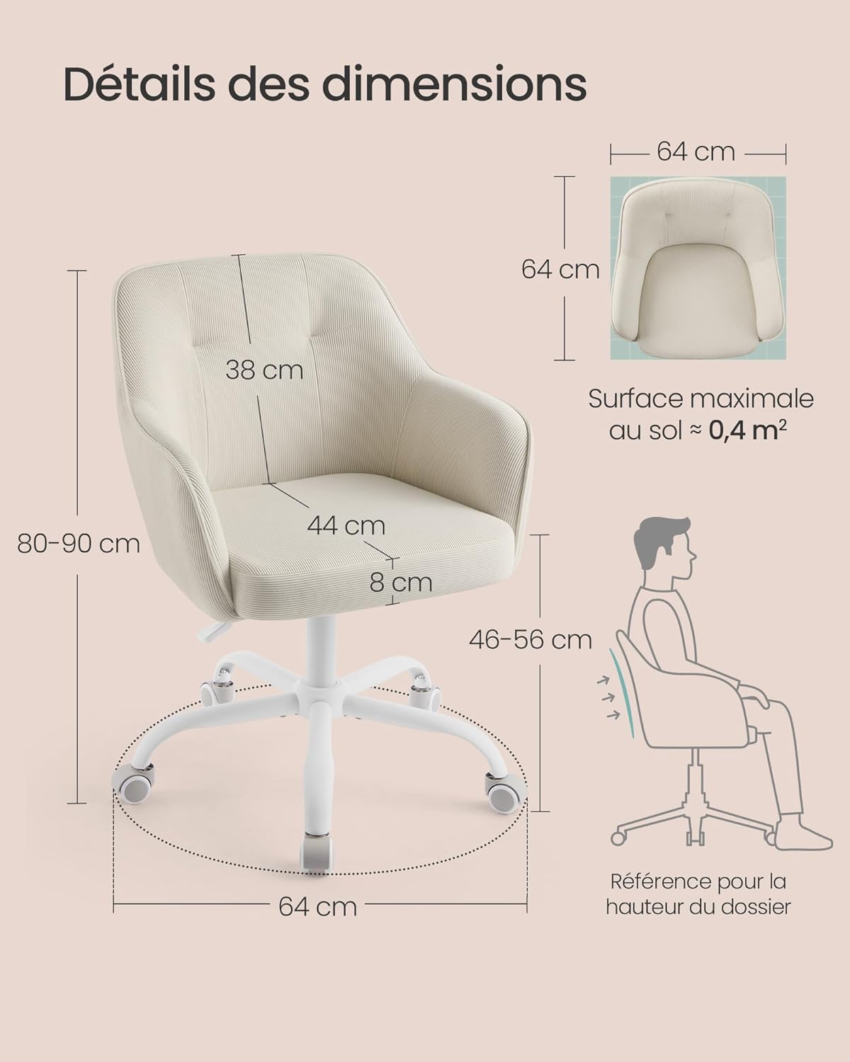SONGMICS - fauteuil ergonomique velours, réglable, acier, 110kg - OBG019LZ01