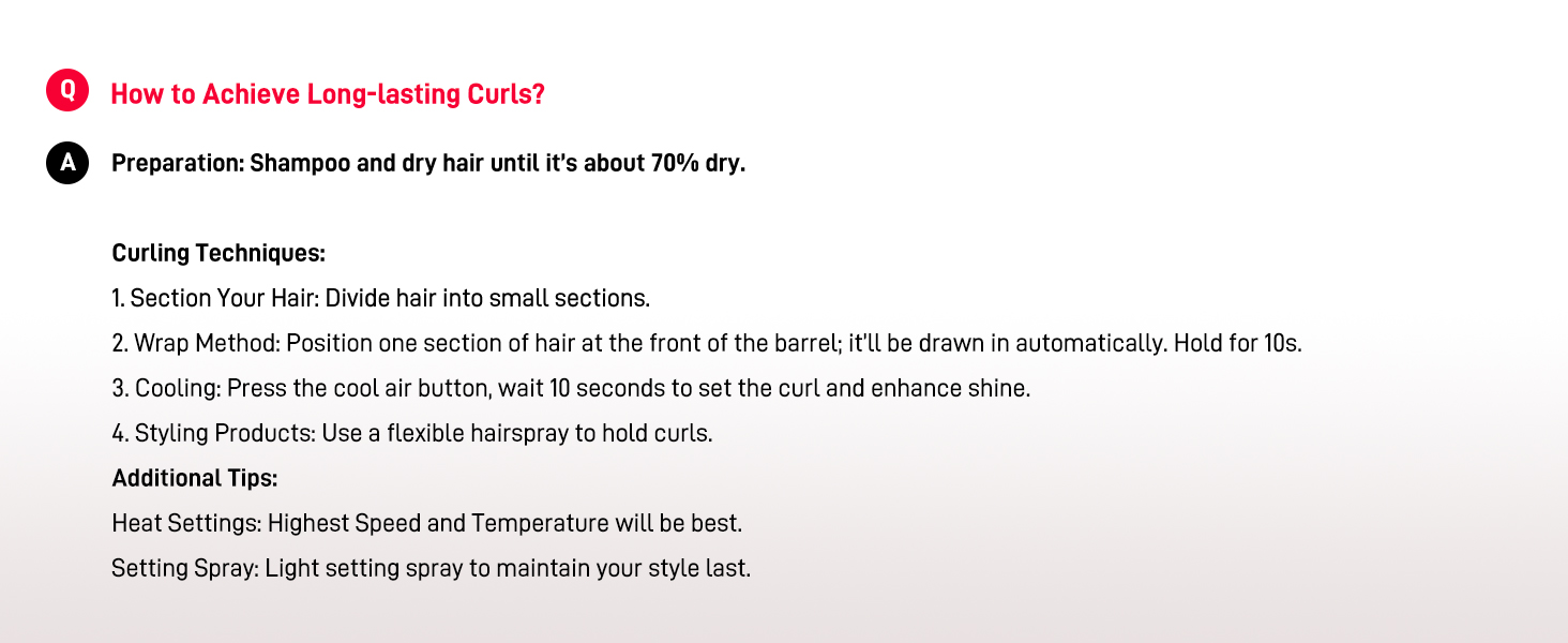 Le texte se lit comme suit : « Comment obtenir des boucles durables ? » suivi d'instructions détaillées. Guide d'utilisation du produit contenant des instructions de coiffage textuelles.