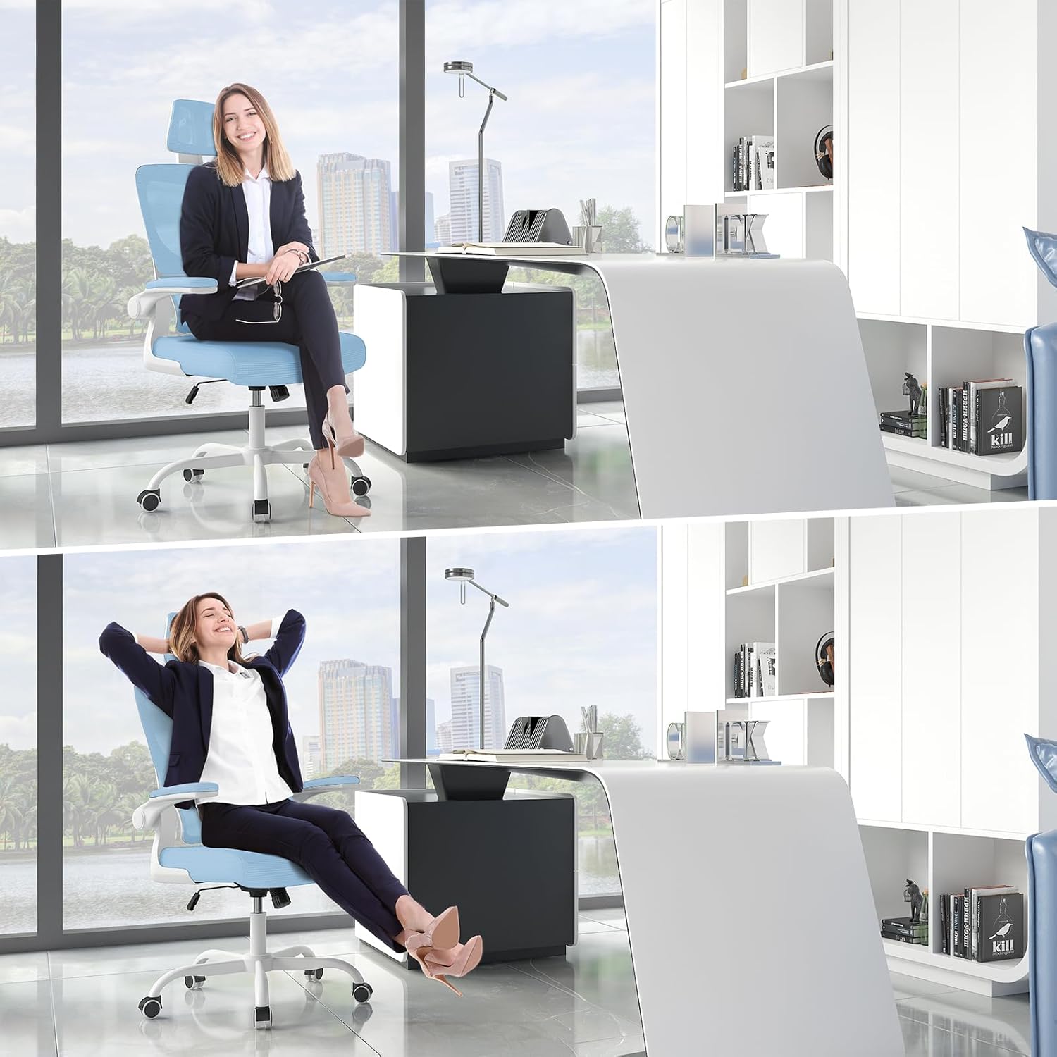 Chaise de bureau ergonomique - dossier, appui-tête réglables - soutien lombaire, accoudoirs pivotants, maille respirante