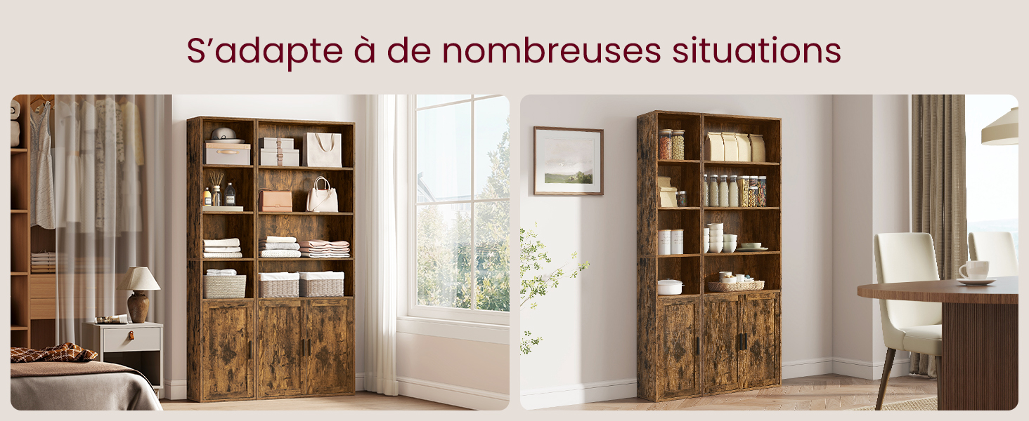 Séquence de design d'intérieur montrant un système de bibliothèque en bois adaptable dans différents décors de pièces avec une palette de couleurs marron et blanc
