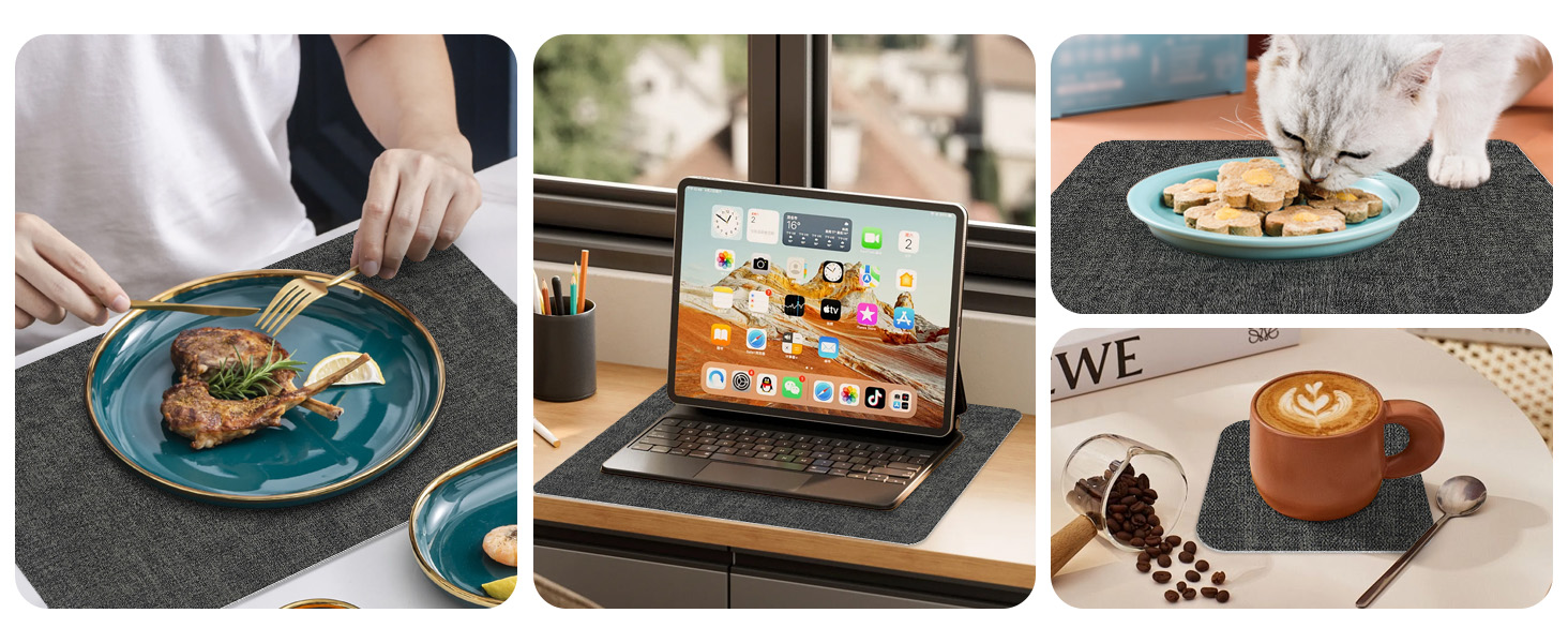 Série de photos de présentation culinaire montrant divers plats servis sur des planches et des assiettes en bois, y compris ce qui semble être des grillades et des plats garnis dans le cadre d'un restaurant.