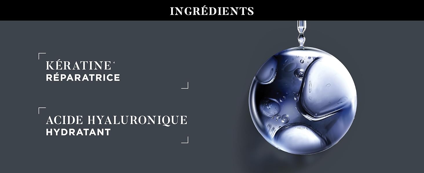 Le texte indique « INGRÉDIENTS », « ACTIF : HYDRATANT HYALURONIQUE ». Publicité d'un produit de soin de la peau bleu foncé montrant les informations sur les ingrédients sur fond céleste.
