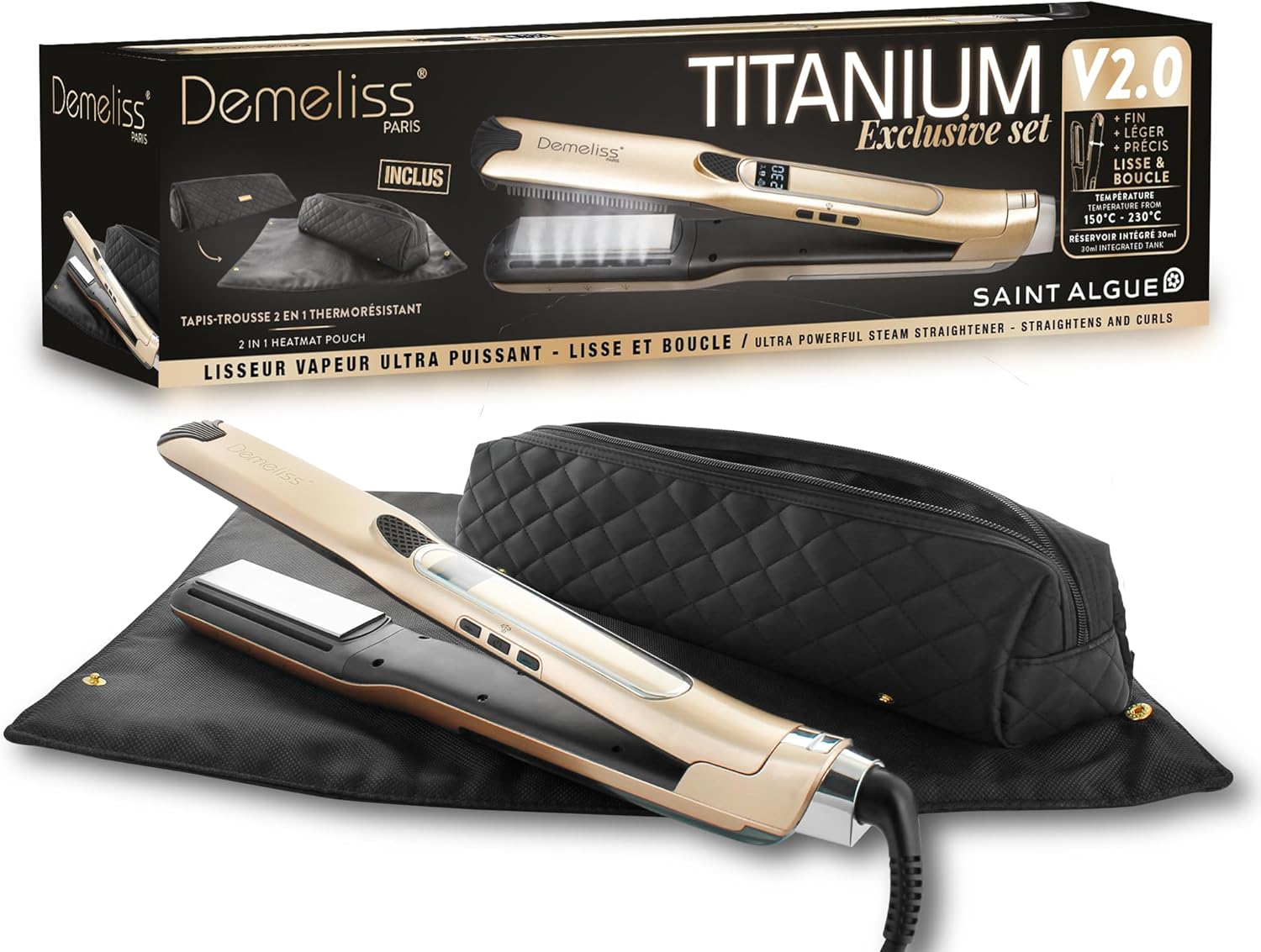Saint Algue - Demeliss Titanium V2.0 - lisseur vapeur haute performance, hydratation intense, tapis-trousse 2en1, tous t