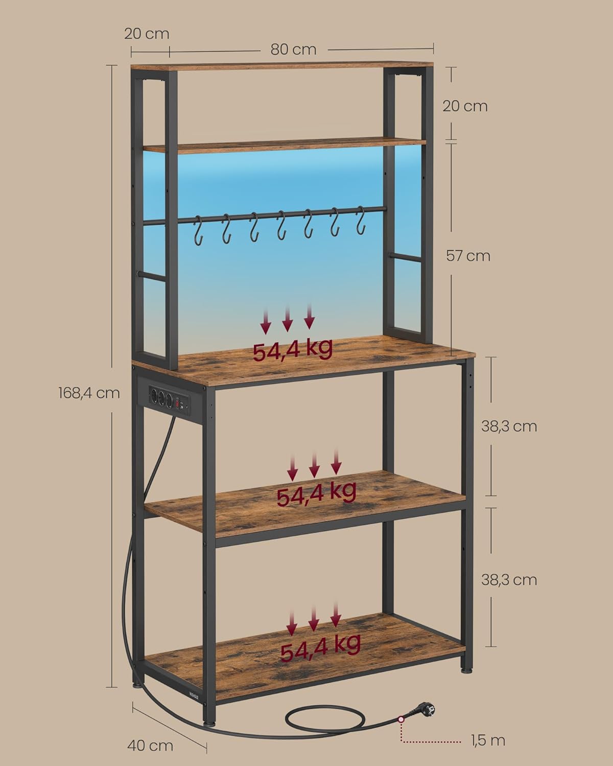 VASAGLE - étagère cuisine LED, multiprise, 8 crochets, étagères réglables, 40x80x168,4 cm - KKS050KD01