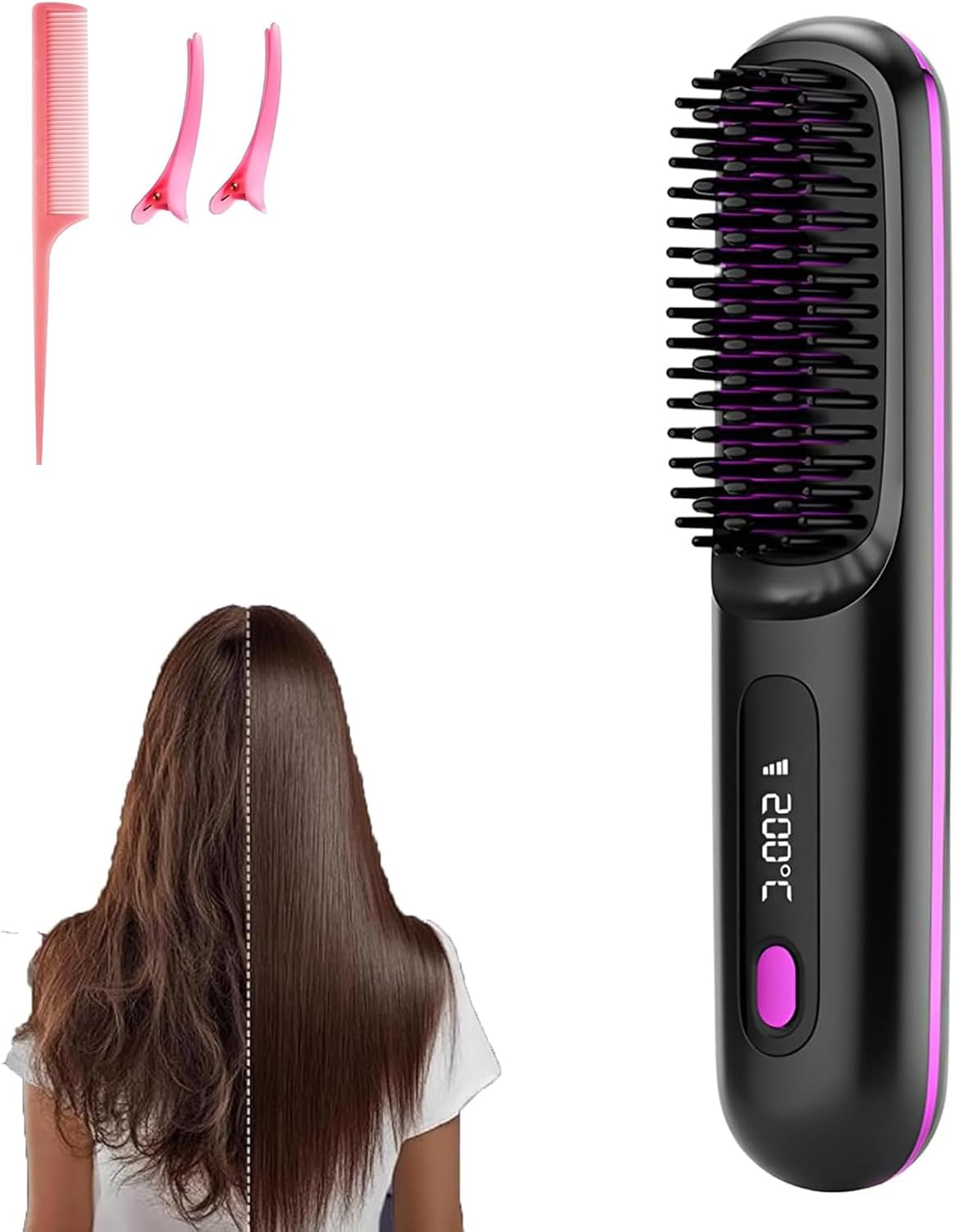Go Brush - Pro Mini - brosse lissante portable, LCD, 2000mAh, céramique, chauffage rapide