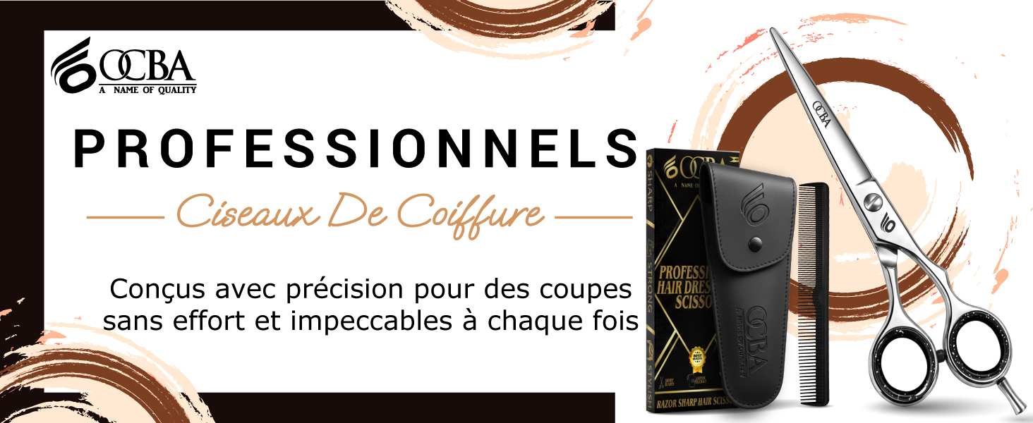 Le texte se lit comme suit : « PROFESSIONNELS », « Ciseaux De Coiffure » et « Conçus avec précision pour des coupes sans effort et impeccables à chaque fois ». Ciseaux de coupe de cheveux professionnels présentés avec un style noir et métallique élégant.