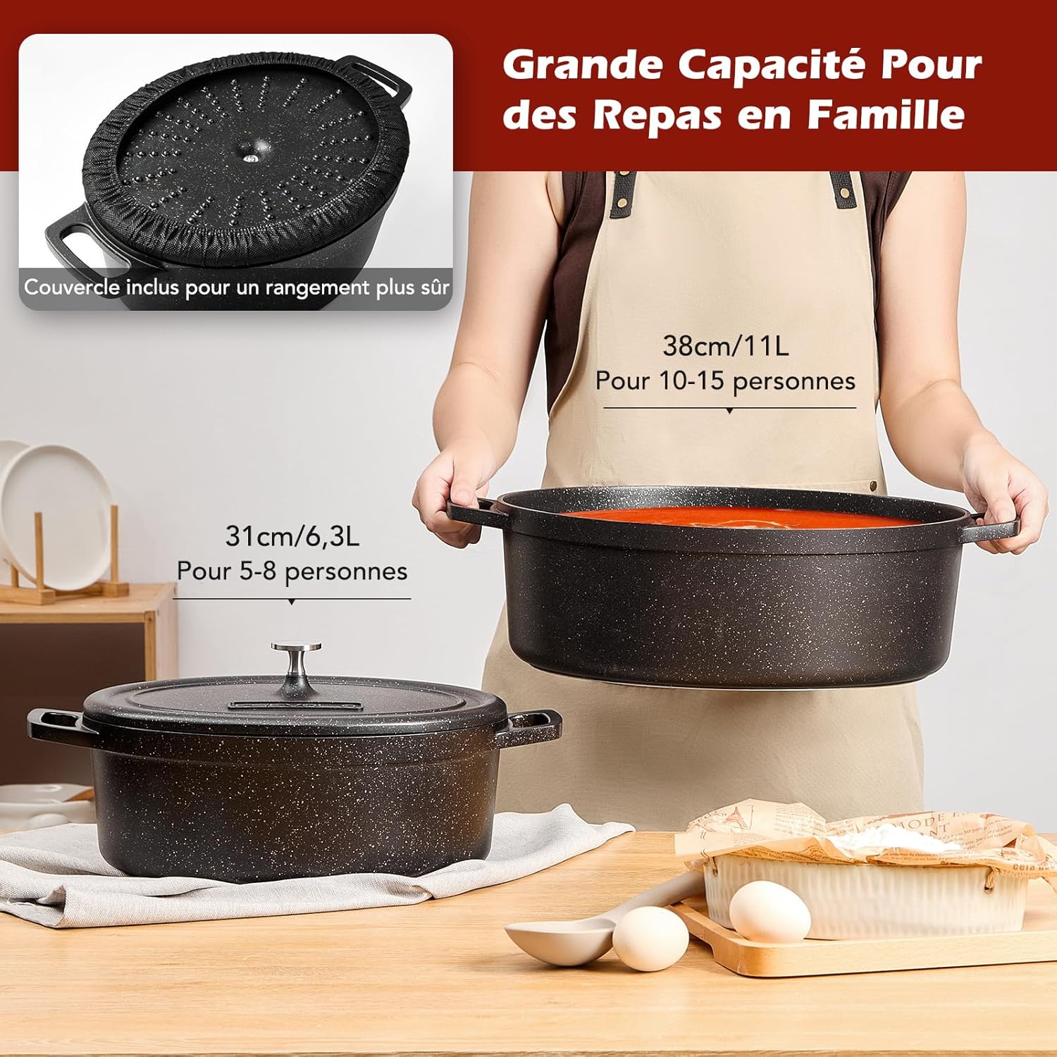 Cocotte fonte aluminium ovale 31cm 6,3L, antiadhésive, noir