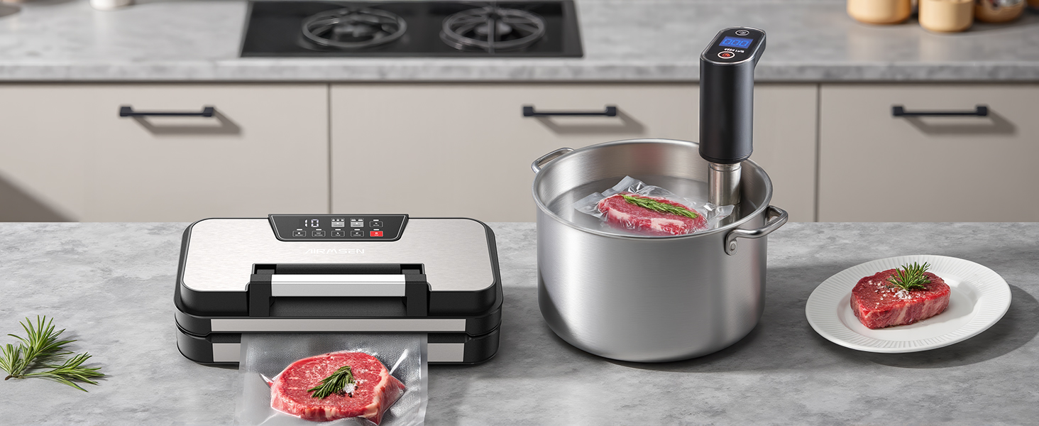 Plan de travail de cuisine avec système de cuisson sous vide comprenant une casserole avec circulateur et de la viande scellée sous vide à côté d'une assiette avec un bifteck cuit.