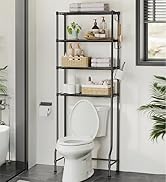 Étagère de rangement au-dessus des toilettes en métal noir à quatre niveaux avec étagères pour les essentiels de la salle de bain, positionnée au-dessus