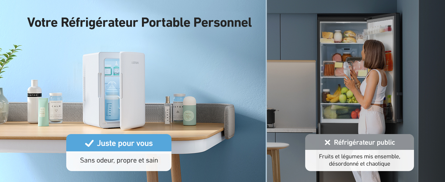 Publicité sur un réfrigérateur personnel portable montrant une unité blanche compacte sur un plan de travail et un réfrigérateur plus grand auquel une personne accède