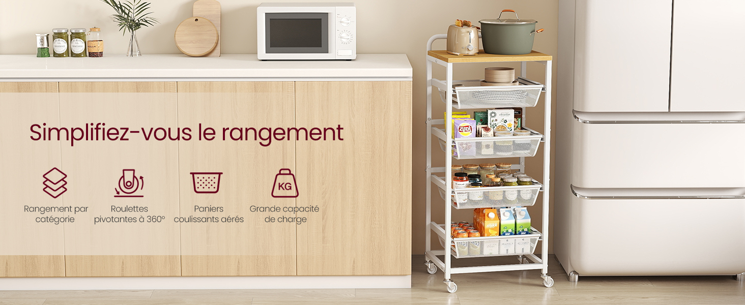 Le texte indique « Simplifiez-vous le rangement » avec des solutions de rangement organisées pour la cuisine comprenant des étagères et des systèmes d'organisation d'armoires dans une cuisine en bois clair.