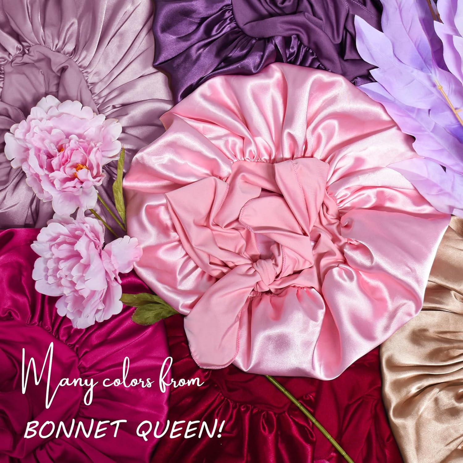 BONNET QUEEN - bonnet satin ajustable, grand, rose, elastique long