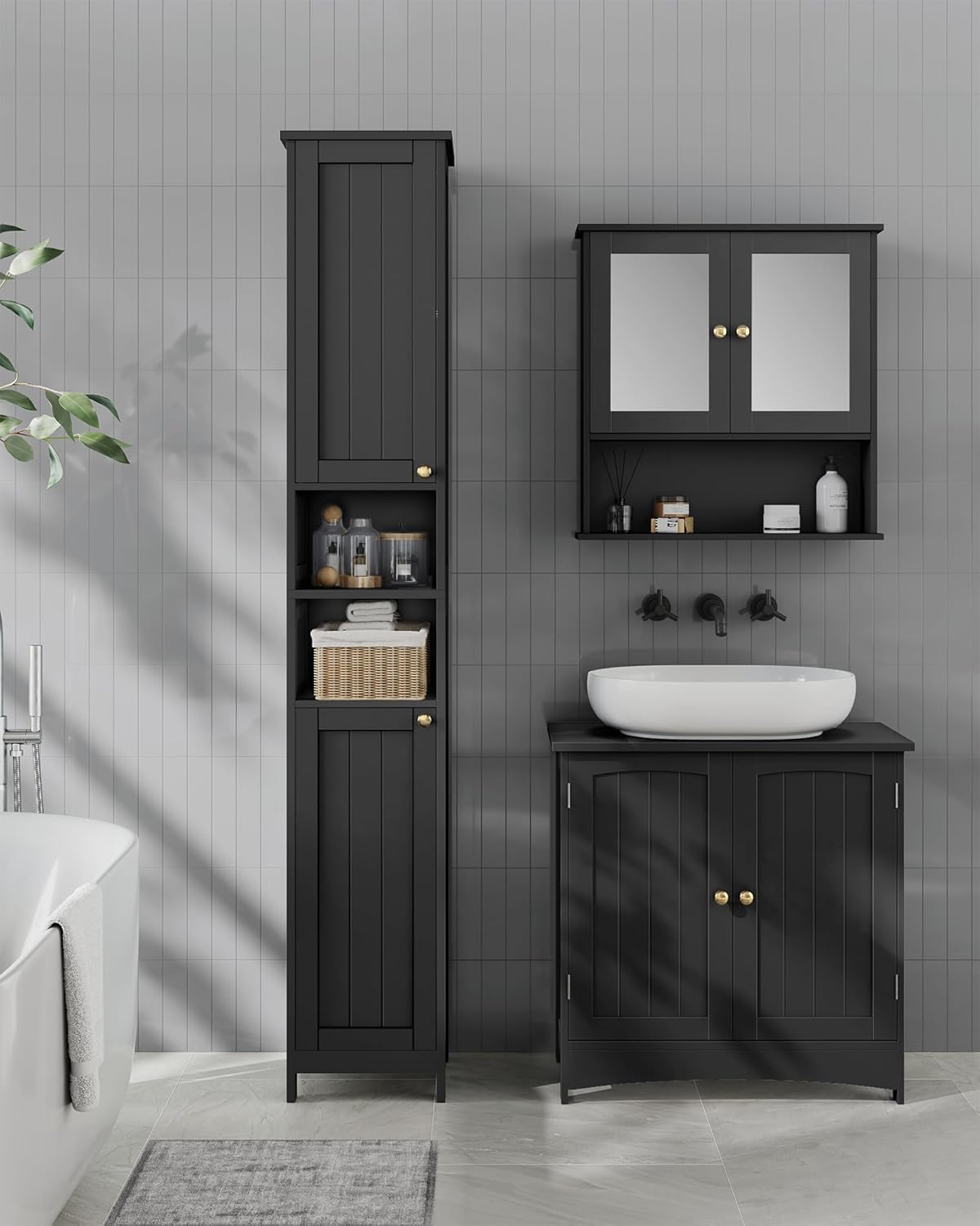 VASAGLE - armoire de salle de bain haute - 30 cm - étagères réglables, éclairage, marron miel - BBK566KB01