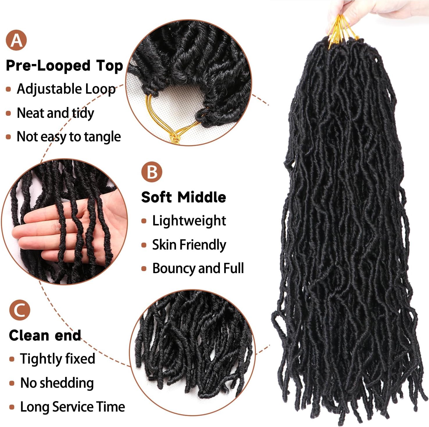 Faux Locks Crochet Braids - 45,7 cm - 8 packs, mèches souples, #1B