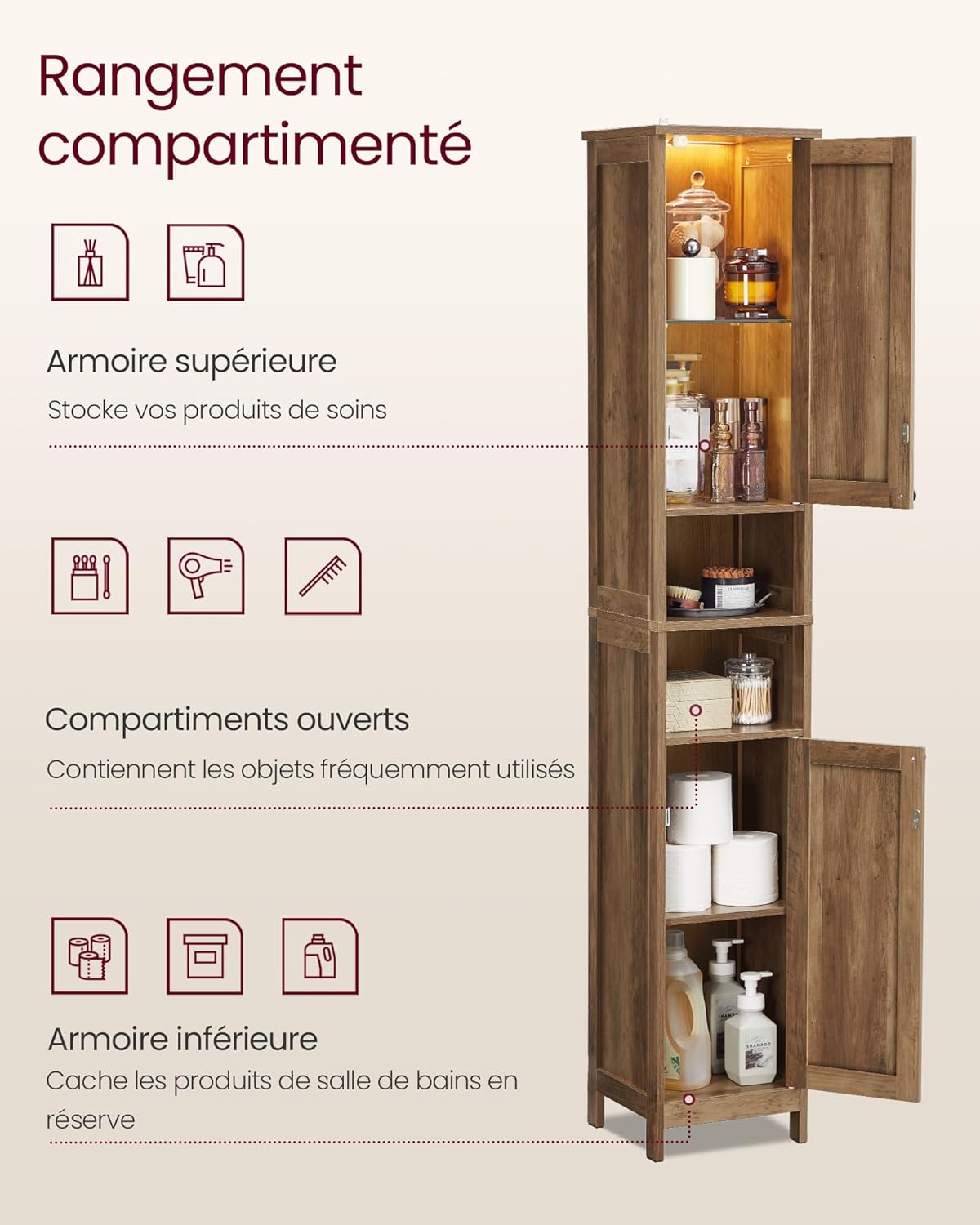 VASAGLE - armoire de salle de bain haute - 30 cm - étagères réglables, éclairage, marron miel - BBK566KB01