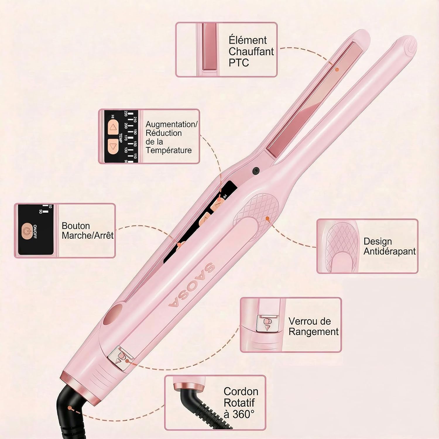 SAOSA - mini lisseur 2-en-1 - compact céramique, 90-210°C, double tension
