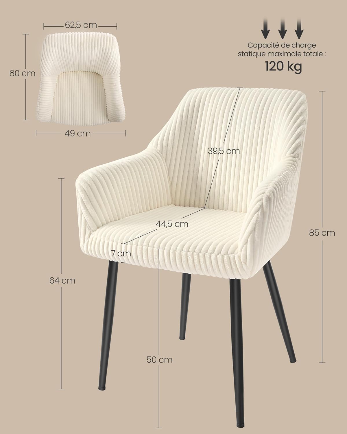 SONGMICS - chaises salle à manger velours, 120 kg, accoudoirs, métal, LDC087WD01-4J