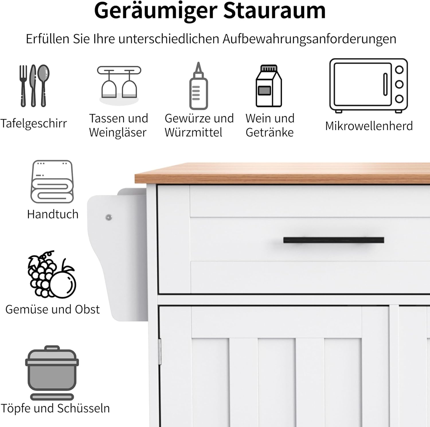 Desserte îlot de cuisine - blanc, 129x71x91,5cm - plans rabattables, 2 tiroirs, 3 portes