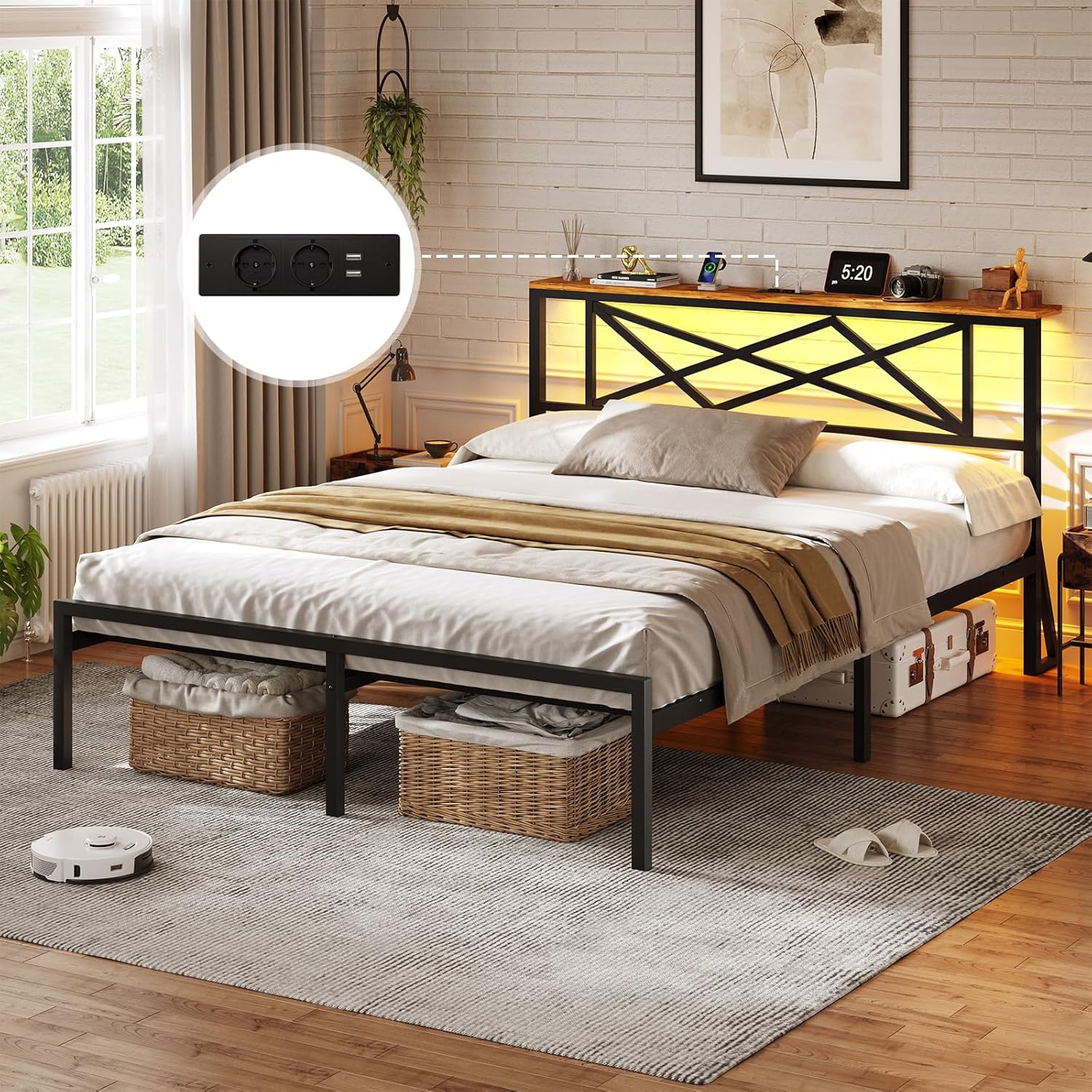 DICTAC - lit double métal LED, 140x190 cm, USB, rangement, vintage