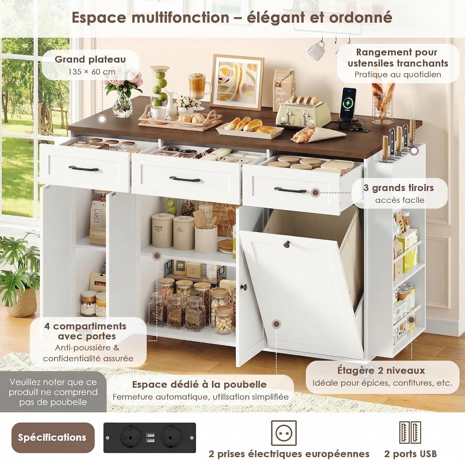 FirFurd - îlot cuisine rangement pliable, USB, blanc, 135x60x88cm
