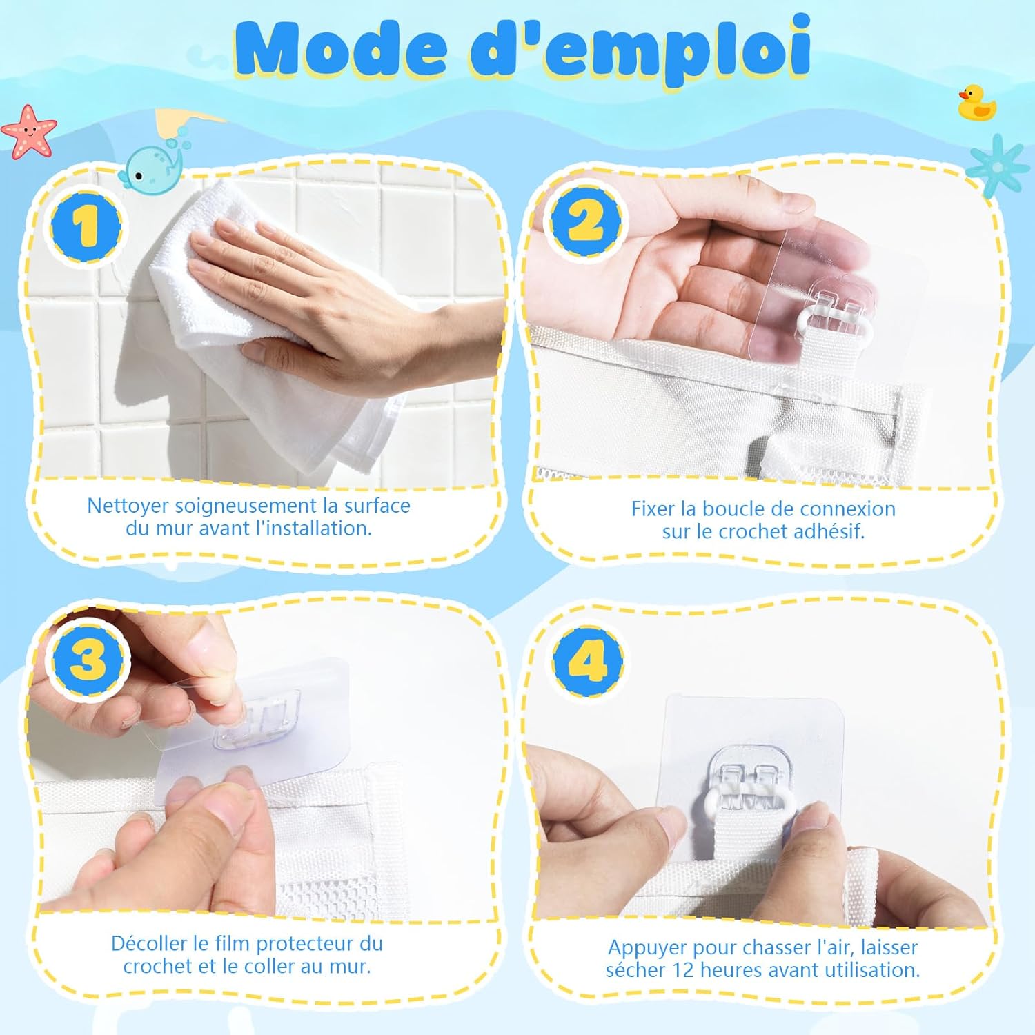 Sac de rangement jouet bain - 4 compartiments - filet blanc suspendu, organiseur jouets, stockage facile salle de bain